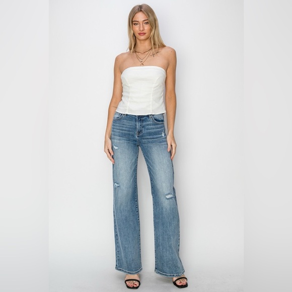 Risen Full Size Mid Rise Fit Wide Leg With Pleated Detail Jeans Plus Size